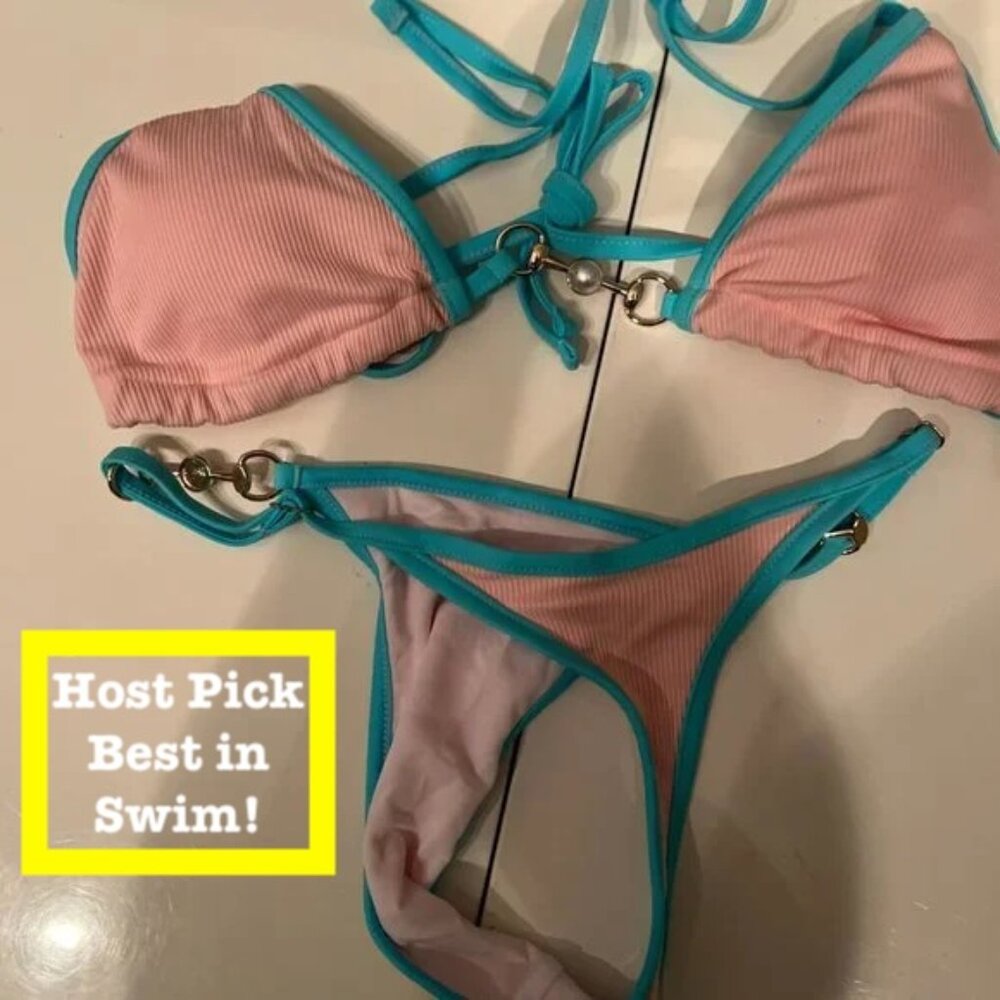 Pink and Blue Bikini with Decorative Pearl Fasteners (new) (size small)‎